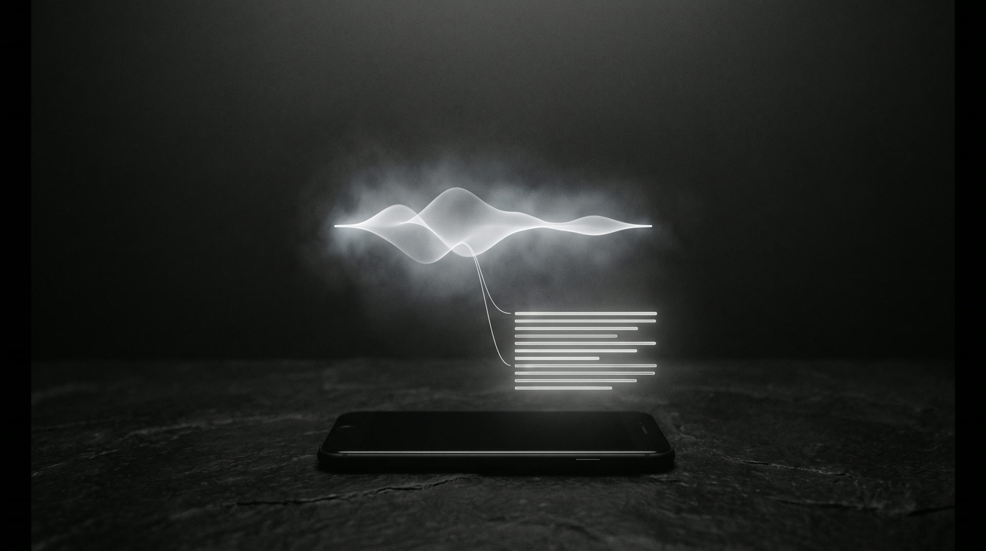 A dark phone screen where a voice waveform settles into ordered plan lines