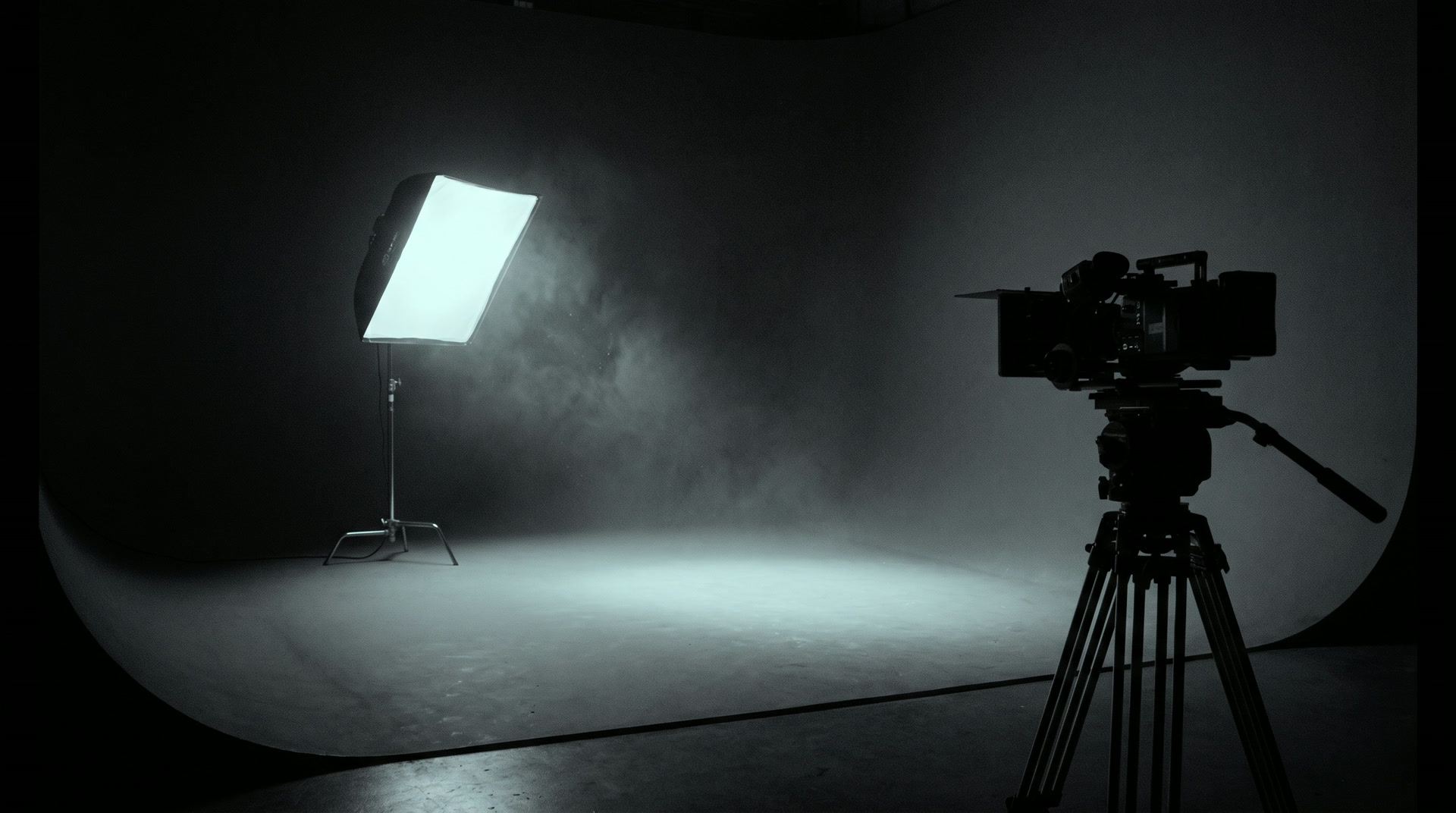 A minimal dark studio: cyclorama, a single light source and a camera